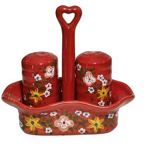 Handcrafted  Ceramic Red Salt‎ And Pepper Shakers With Caddy